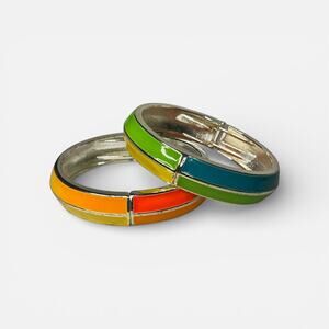 Vintage Enamel Color Block Bangle Bracelet Set Mod Y2K Spring Hinge 2pc